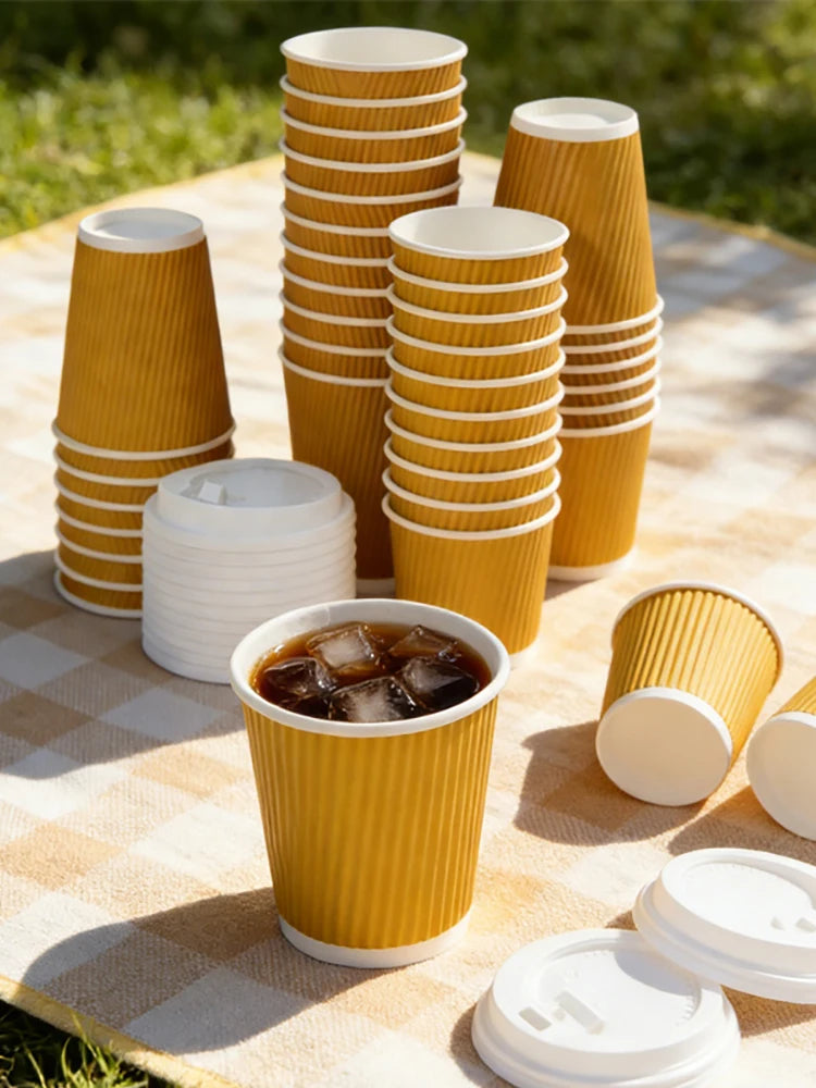 30pcs 8oz  Double-Walled Insulated Corrugated Cardboard Coffee Cups Thickened Disposable Striped Portable Paper Cups With Lids