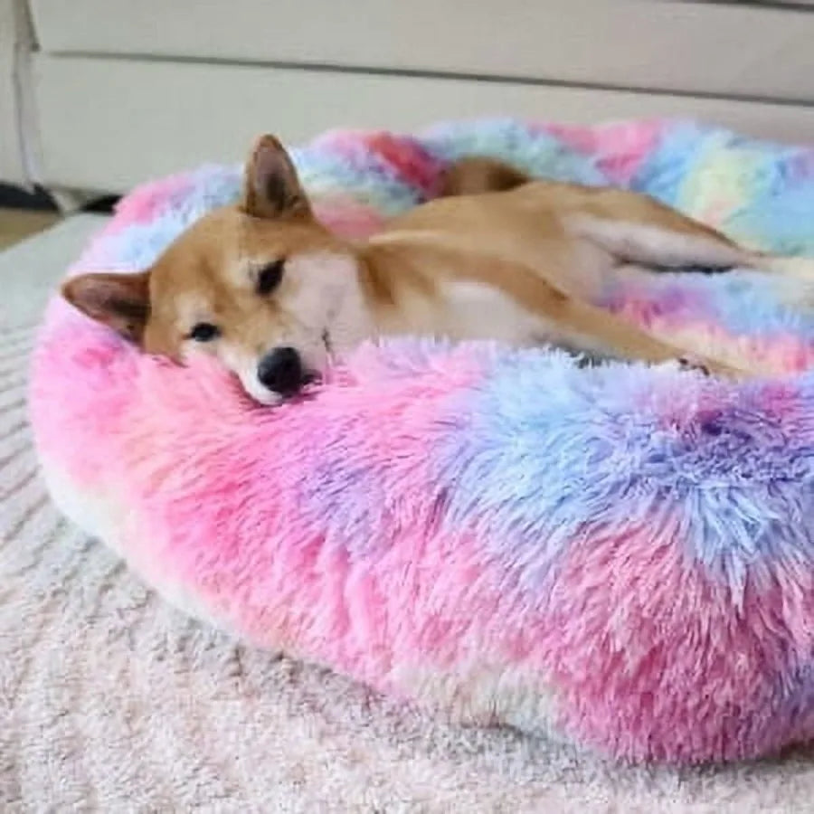 Pink rainbow I YAN calming donut pet bed for small dogs, plush cozy warming dog bed designed to reduce anxiety.