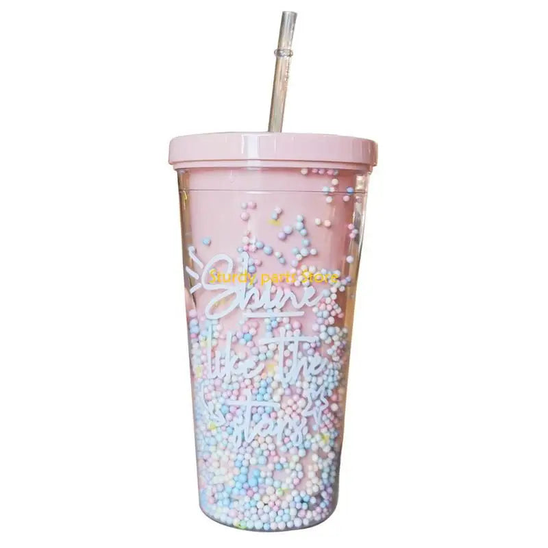 97QC 550ml Rainbow Plastic Water Bottle Double Layer Sequins Drinking Cup with Straw