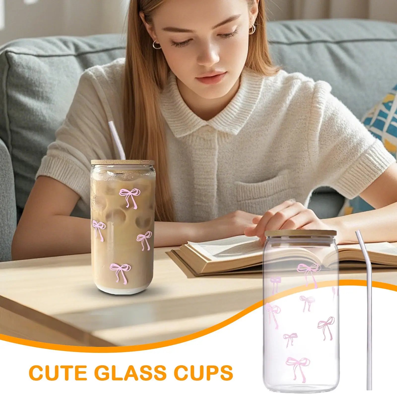 Bow Shape Glass Cup with Lid Straw 500ml Cute Aesthetic Drinkware Iced Coffee Tumbler Matcha Tea Bottle for Women Girls Gift