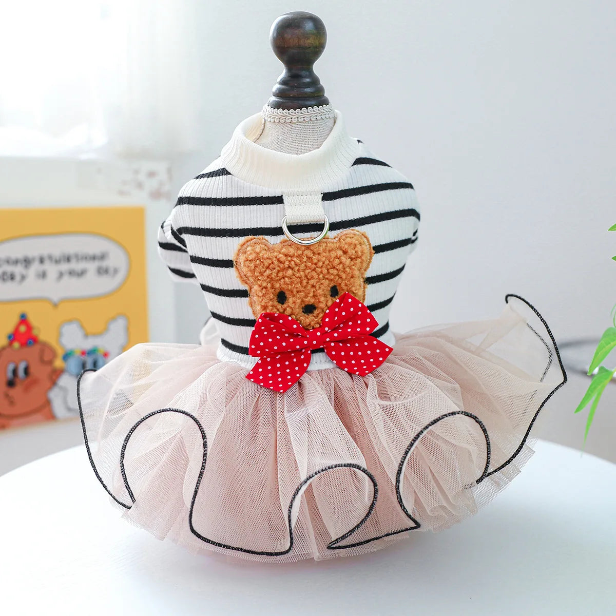 Small dog girl winter princess dress with striped sweater, tutu skirt, bear bowknot, pet costume for cats and dogs by I YAN