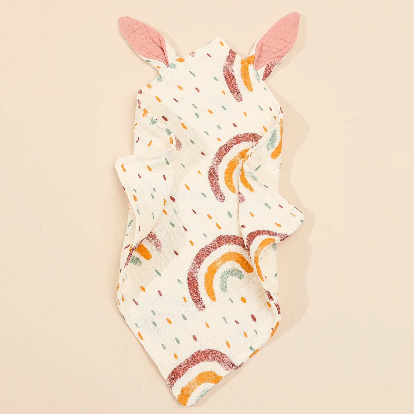 Soft newborn baby cotton muslin comforter featuring rabbit ear design by I YAN, ideal for soothing, burp cloths, and toddler bibs.