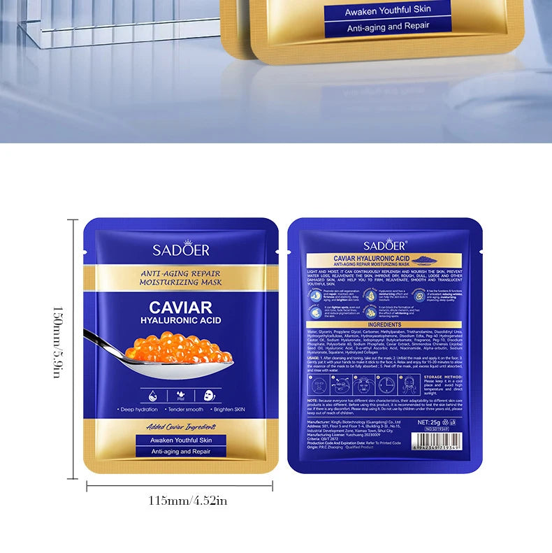 5/10pcs SADOER Caviar Hyaluronic Acid Moisturizing Facial Masks Brightening Firming Hydrating Face Mask Skin Care Products