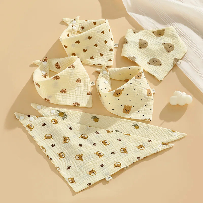 0-2Year Baby Bibs Saliva Scarf 5Pcs Triangle Scarf Cartoon Bear 4-Layer Linen Cotton Newborn Boy Girl Absorbent Cloth Baby Bibs