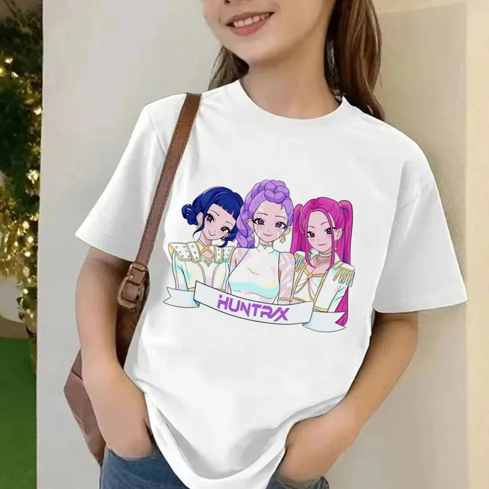 Movie KPop Demon Hunters T-shirt Summer Short Sleeve Tee for Children Casual Loose Girl Boy Graphic Printed Tops