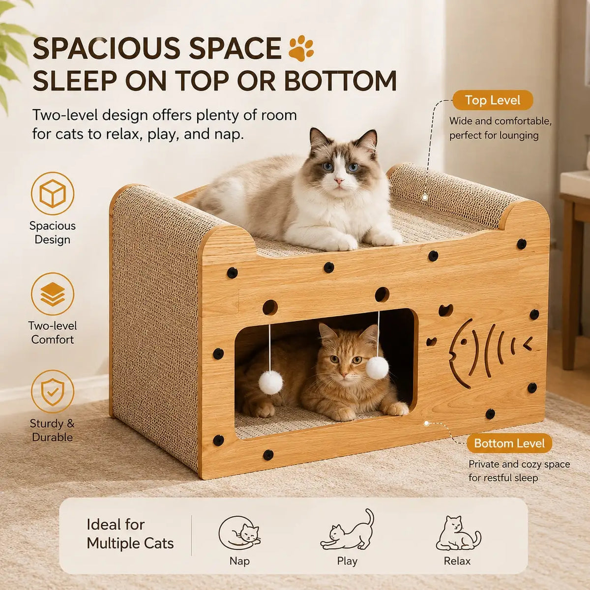 I YAN 2-in-1 double layer cat scratcher lounge with cardboard hideaway and colorful pom-pom toys for cats to scratch and play