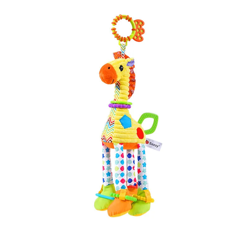 Soft plush giraffe and zebra handbells with rattles and teether for infants, ideal for baby development and newborn gifts.