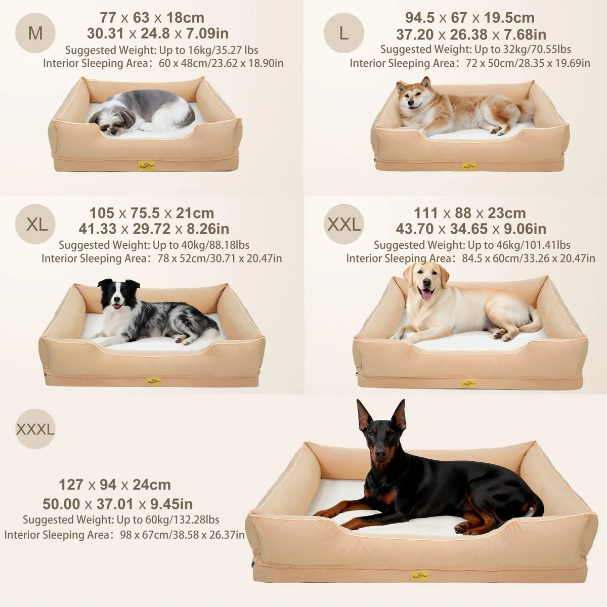 Orthopedic dog bed with waterproof lining, removable cover, foam bolster, in M/L/XL sizes, I YAN brand, shown with plush fabric.