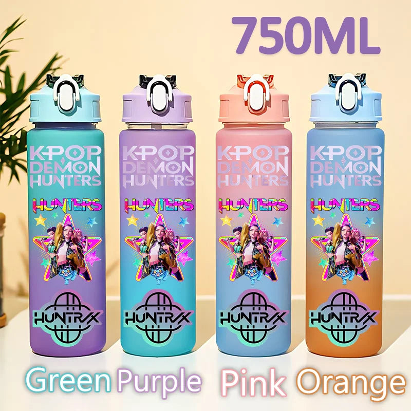 kpop 750ML Demon Hunters Bottle Gourde Gradient Color Water Cup Plastic Drinking Cup gradient straw cup gift