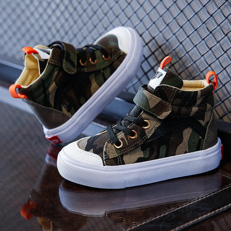 Spring Autumn Canvas Board Shoes Children Camouflage Flat Bottom Casual Shoes Boys Girls High Top Breathable Kid Sprint Sneakers