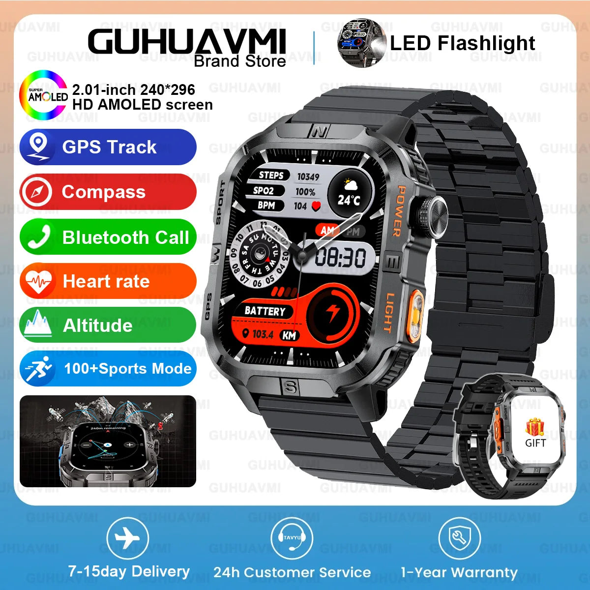 New Dual-Band Satellite GPS Smart Watch Men 2.01'' HD Screen Compass Military Flashlight Watches Waterproof Swim Smart Bracelet