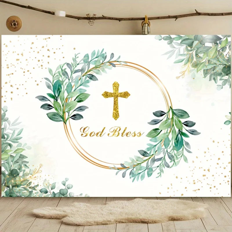 First Holy Communion Backdrop Flower Gold Cross Decor Boy Girl Baby Shower My Baptism Birthday Party Photography Background Prop