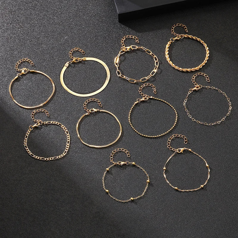 10 Pcs Vintage Statement Gold Color Flat Snake Chain Box Chain Bracelet Boho Multi-layer Metal Bracelet Women's Summer Jewelry