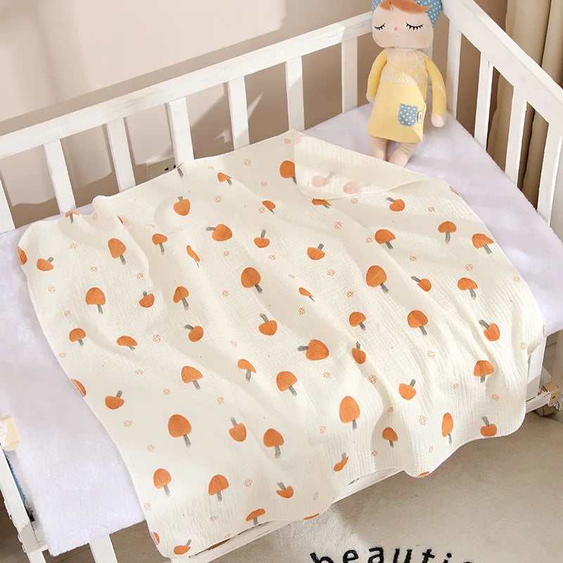 Soft cotton muslin baby swaddle blanket with cute cartoon prints by I YAN, breathable and gentle for newborns.