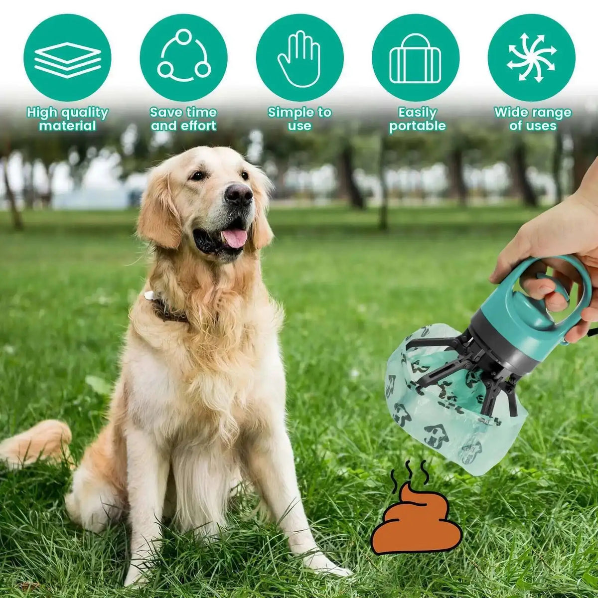 I YAN portable dog pooper scooper with built-in garbage bag, handheld outdoor pet waste grabber with no-touch design.