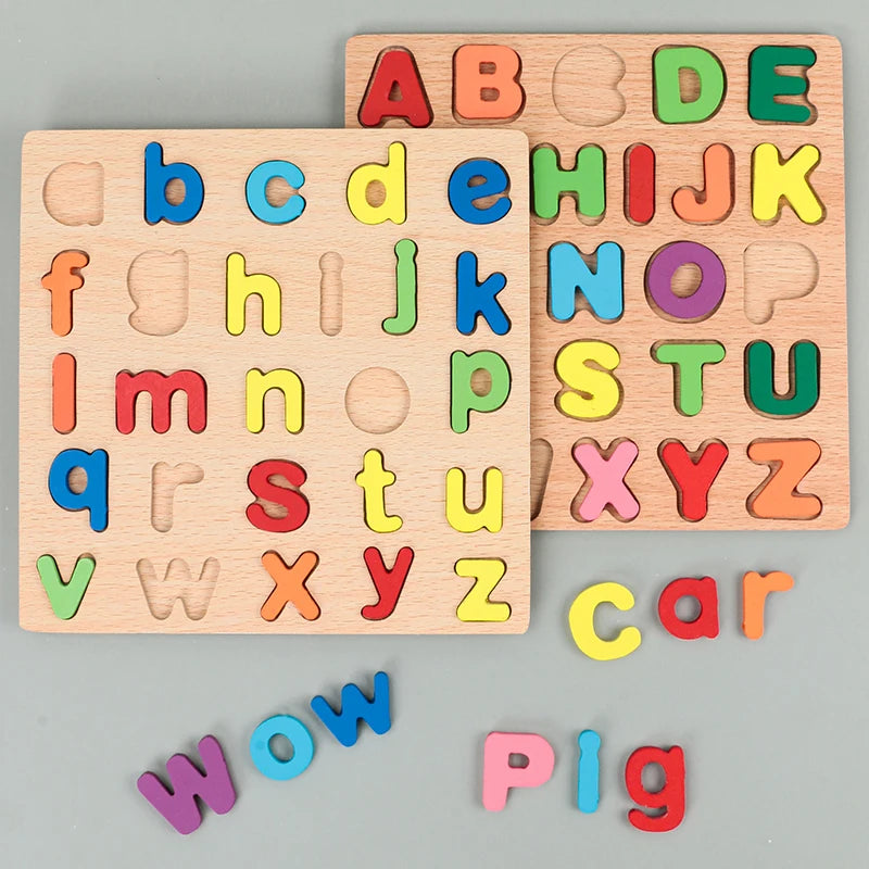 Wooden kids educational puzzle featuring alphabetic, arithmetic, and geometric shape pieces for preschool learning by I YAN.