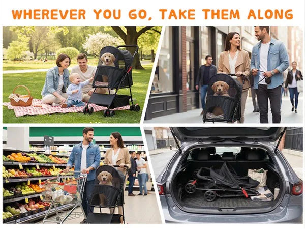 Lightweight I YAN foldable pet stroller for small dogs and cats, with four wheels and a storage basket for easy travel.