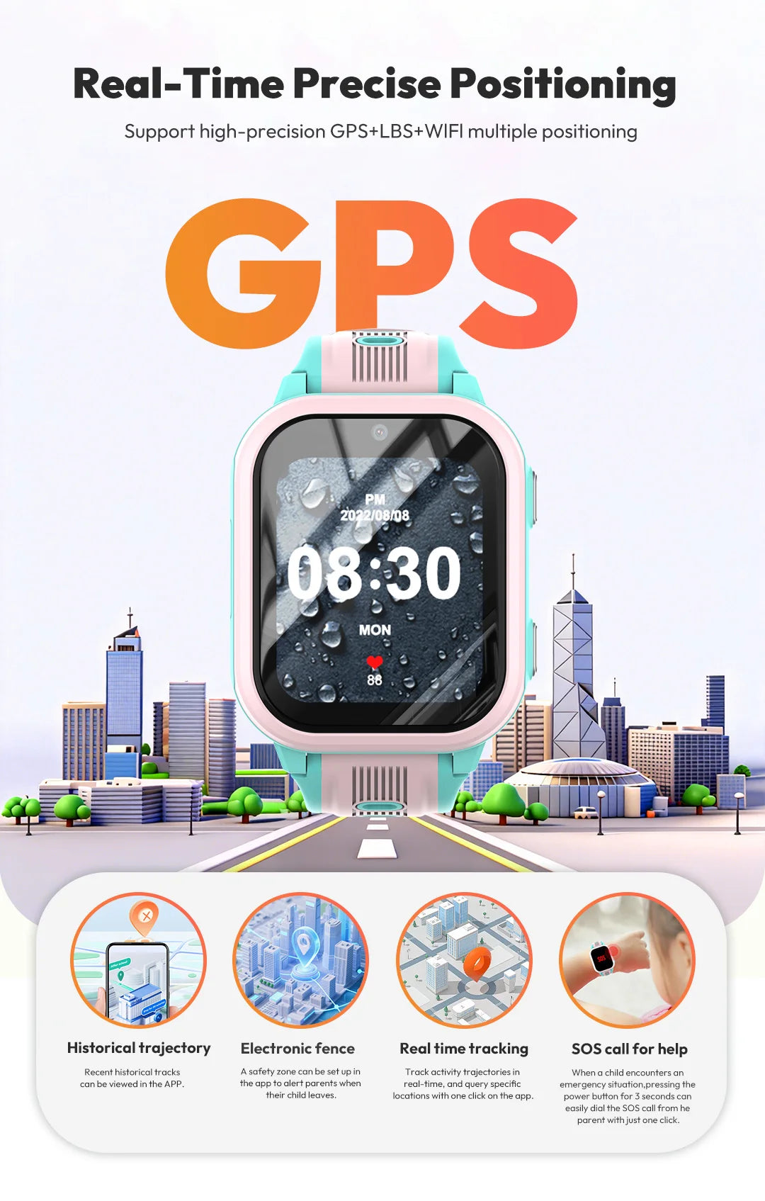 I YAN Wonlex 4G Kids Smartwatch with GPS, dual cameras, 2+16GB memory, and video call feature for children.