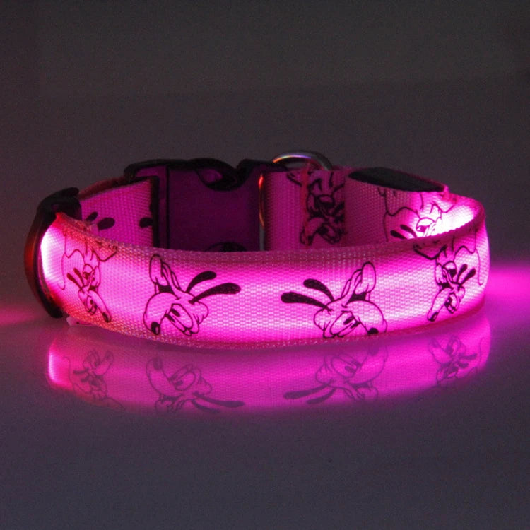 Bright LED dog collar by I YAN with glowing luminous nylon strap for night safety and visibility during evening walks.
