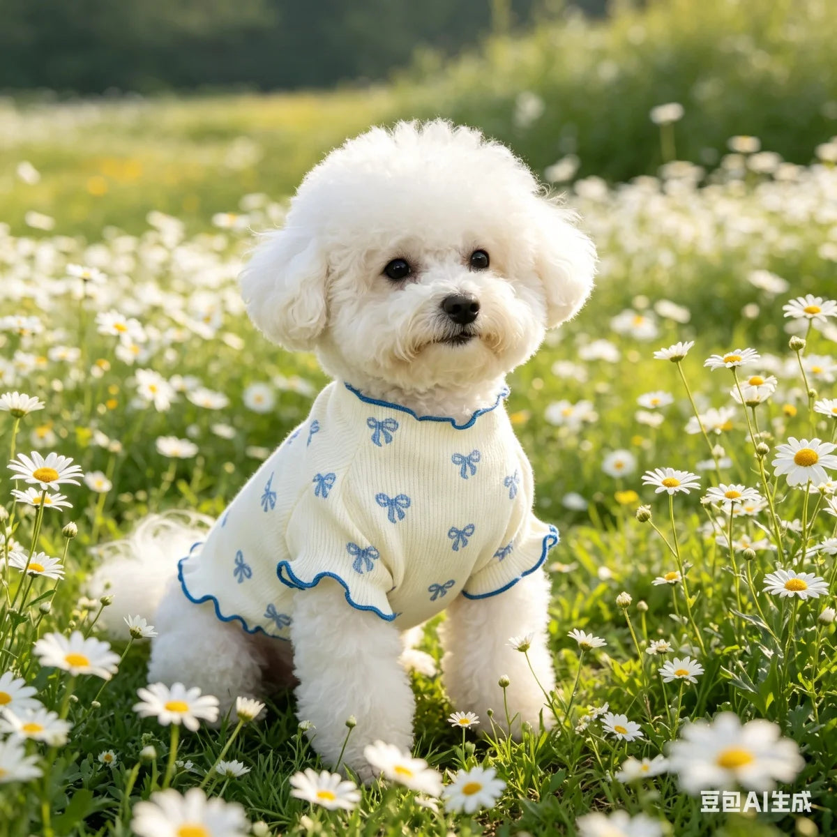 Breathable knit sweater for dogs and cats with allover print and pink bow tie by I YAN, comfortable pet clothing.