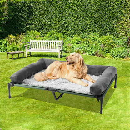 Large outdoor raised dog bed with cooling breathable mat and plush cushion, ideal for camping, garden, or home use by I YAN.