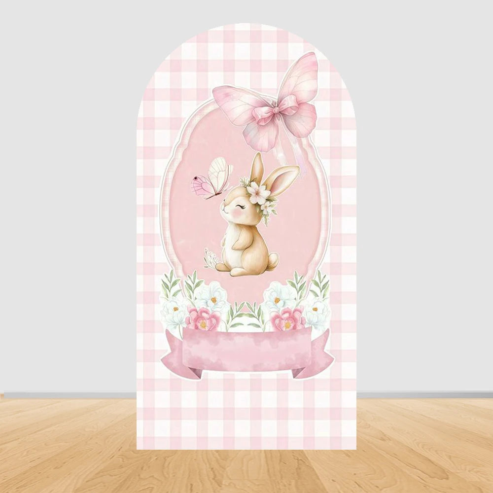 Easter Bunny Rabbit One Birthday Arch Backdrop Cover Pink Dress Floral Bowknot Sweetheart Girl Cake Party Decor Photo Wall
