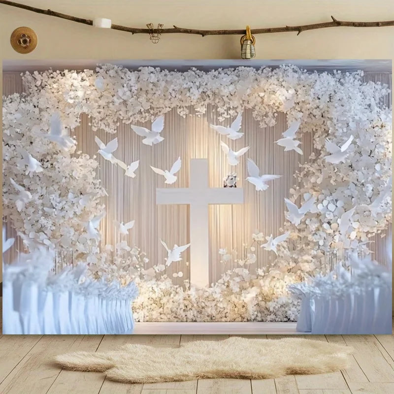 First Holy Communion Backdrop Flower Gold Cross Decor Boy Girl Baby Shower My Baptism Birthday Party Photography Background Prop