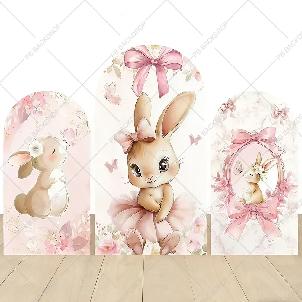 Easter Bunny Rabbit One Birthday Arch Backdrop Cover Pink Dress Floral Bowknot Sweetheart Girl Cake Party Decor Photo Wall