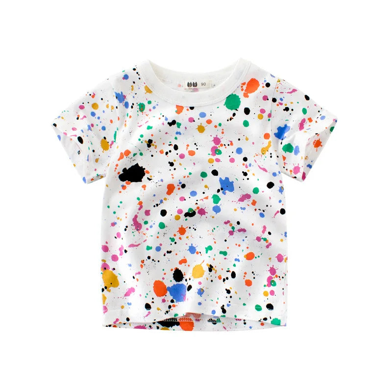 I YAN OLEKID 2025 summer boys' printed cartoon T-shirt for kids aged 2-8, short sleeve toddler boys' summer tops with colorful design.
