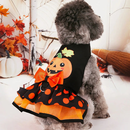 Halloween Pumpkin Dog Dress with Bow – Cute Costume for Small Dogs