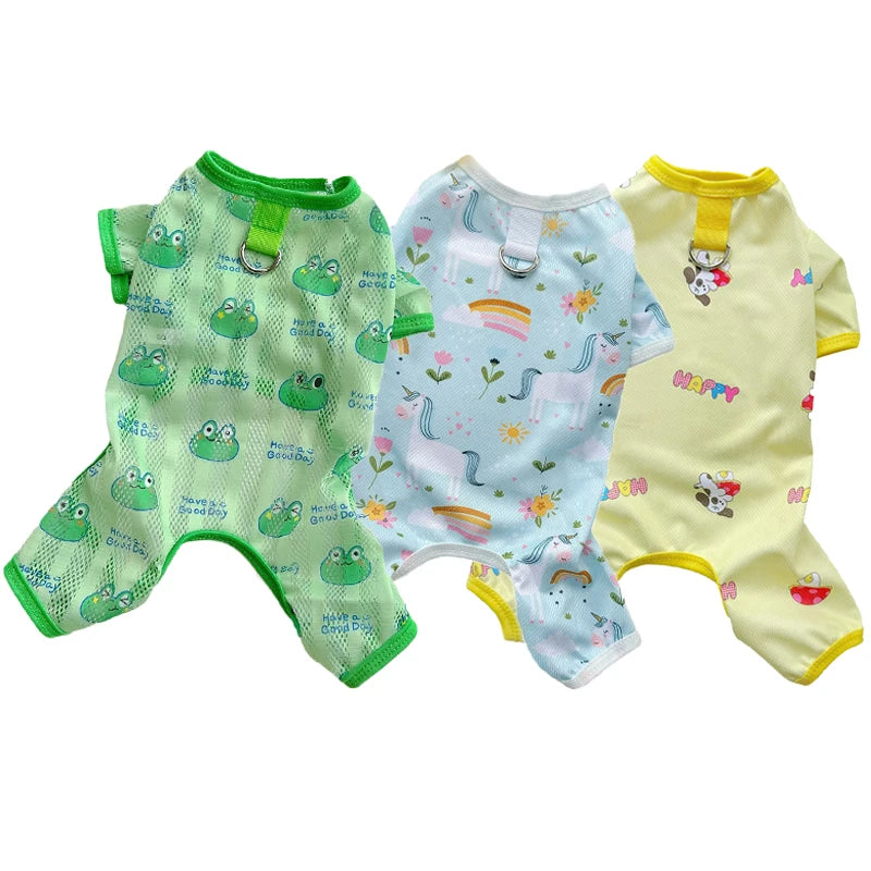 I YAN dog jumpsuit with frog, bear, unicorn prints, breathable mesh fabric, four legs, sun protection, lightweight pet summer clothing.