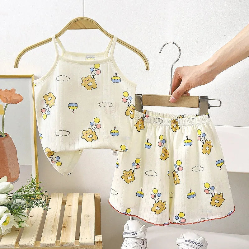 Toddler girl summer cotton strap suit set with printed tops and shorts, I YAN baby boy infant tracksuit, newborn clothes ensemble