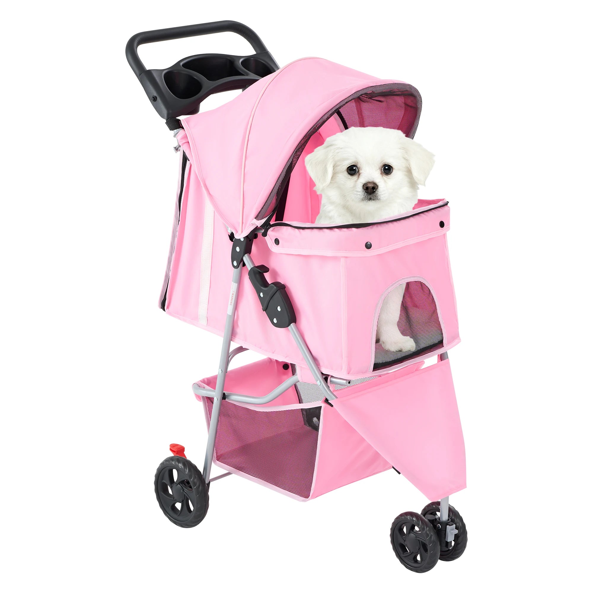 I YAN JHK foldable pet stroller with three wheels, mesh windows, storage basket, and cup holder for small dogs and cats outdoors