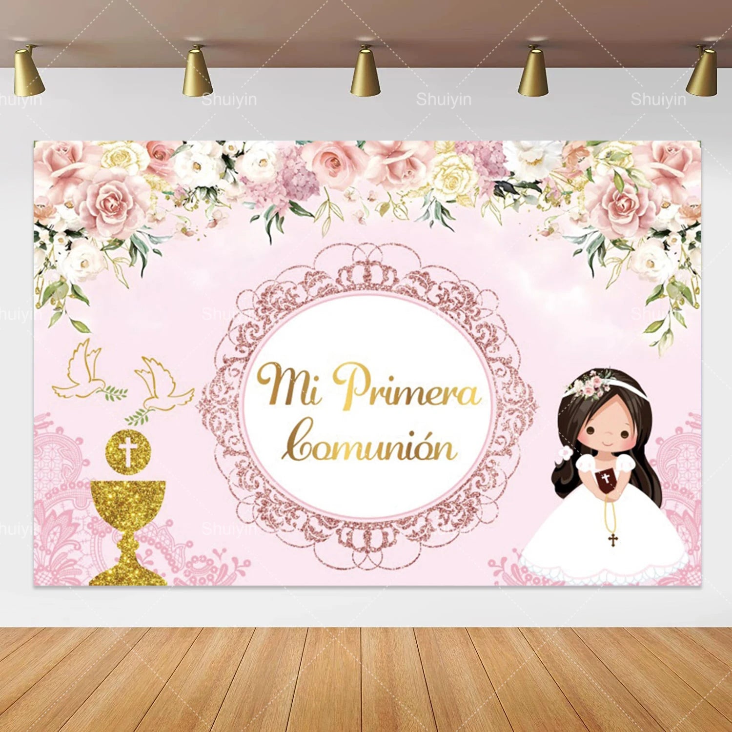 Boy Girl First Communion Backdrop Gold Cross Grail God Bless Baptism Party Decor Background Christening Baby Shower Photo Props