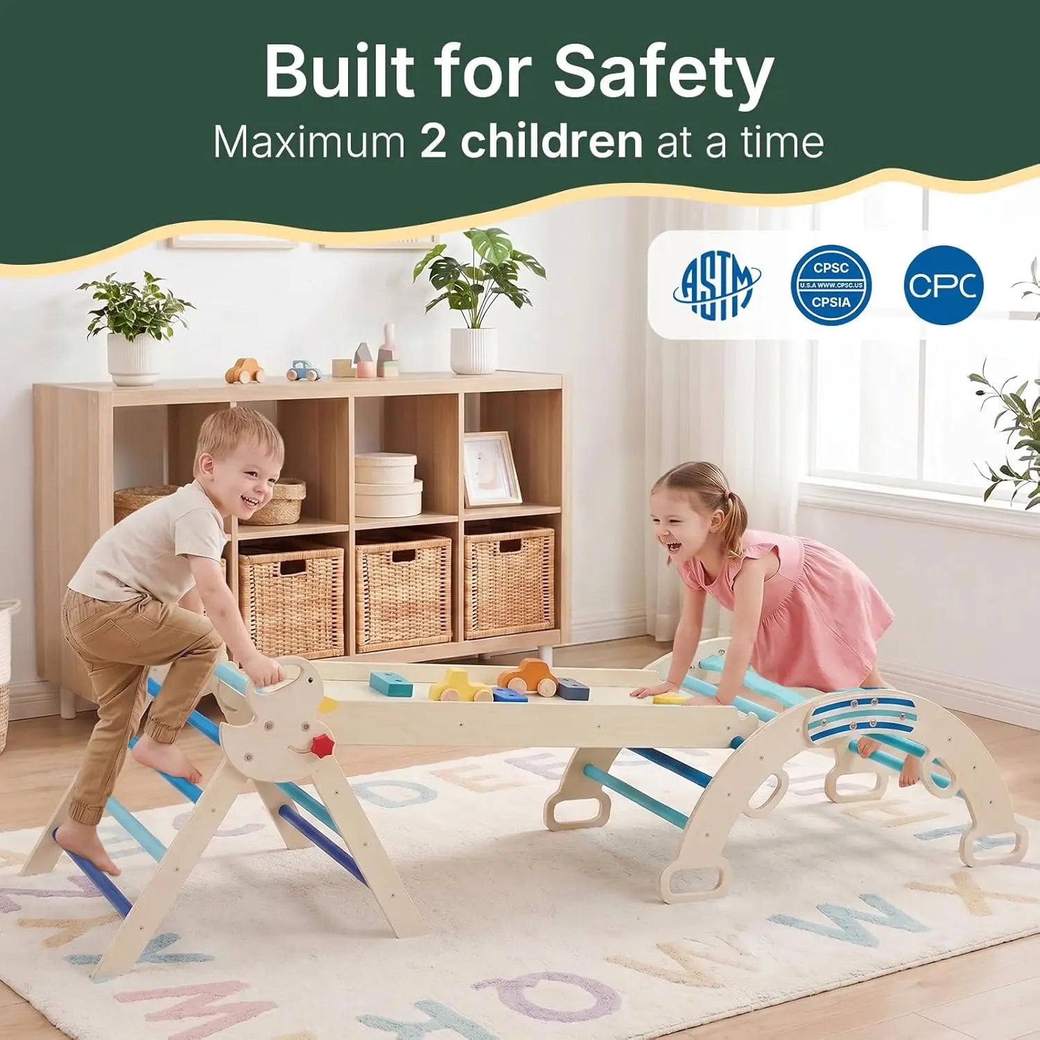 I YAN 7-in-1 foldable Pikler triangle set with wooden climbing arch, slide, and ladder for toddlers indoor Montessori play.
