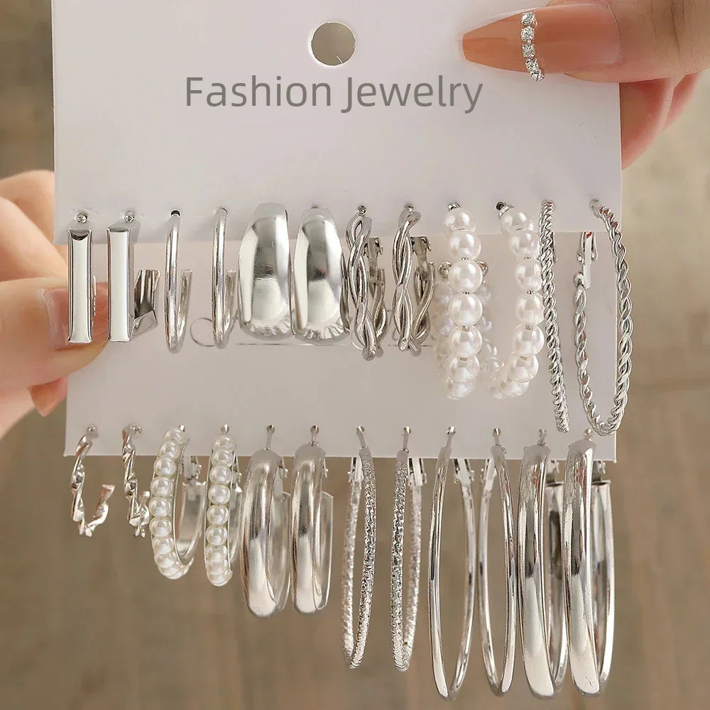 24 Pcs Vintage Silver Color Y2K Pearl Earrings for Women Geometry Round Circle Square Hoop Earring Set Fashion Female Jewelry