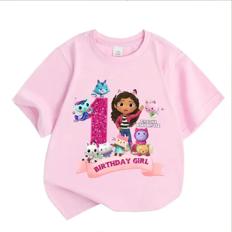 Gabbys Dollhouses Birthday Number T-shirt Girls White Pink Short Sleeve T-shirts Tops Cotton Summer Casual Party Supplies Tee