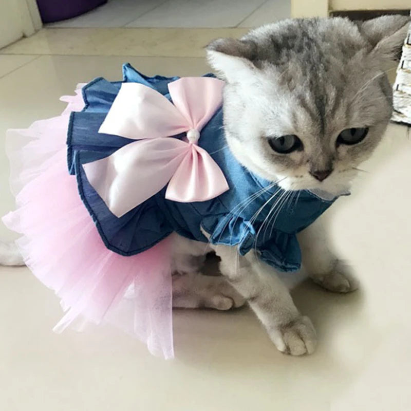 Denim Sphynx cat dress by I YAN featuring a summer-themed skirt for female cats and kittens, with a playful Garfield design.