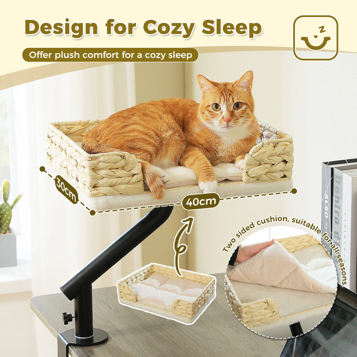 I YAN cat desk bed with soft hammock, 360° rotatable stand, adjustable basket, perfect for indoor cats to relax on a desk.