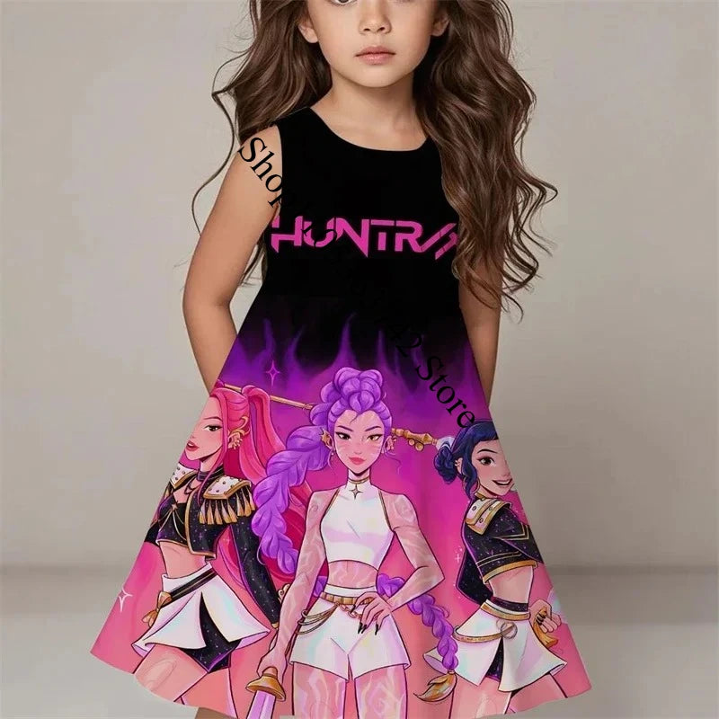 Girls Demon Hunters Kpop Dress 2026 Summer Kids Print Casual Beach Sleepwear  FashionKids Birthday Party Cosplay Costume 3-12Y