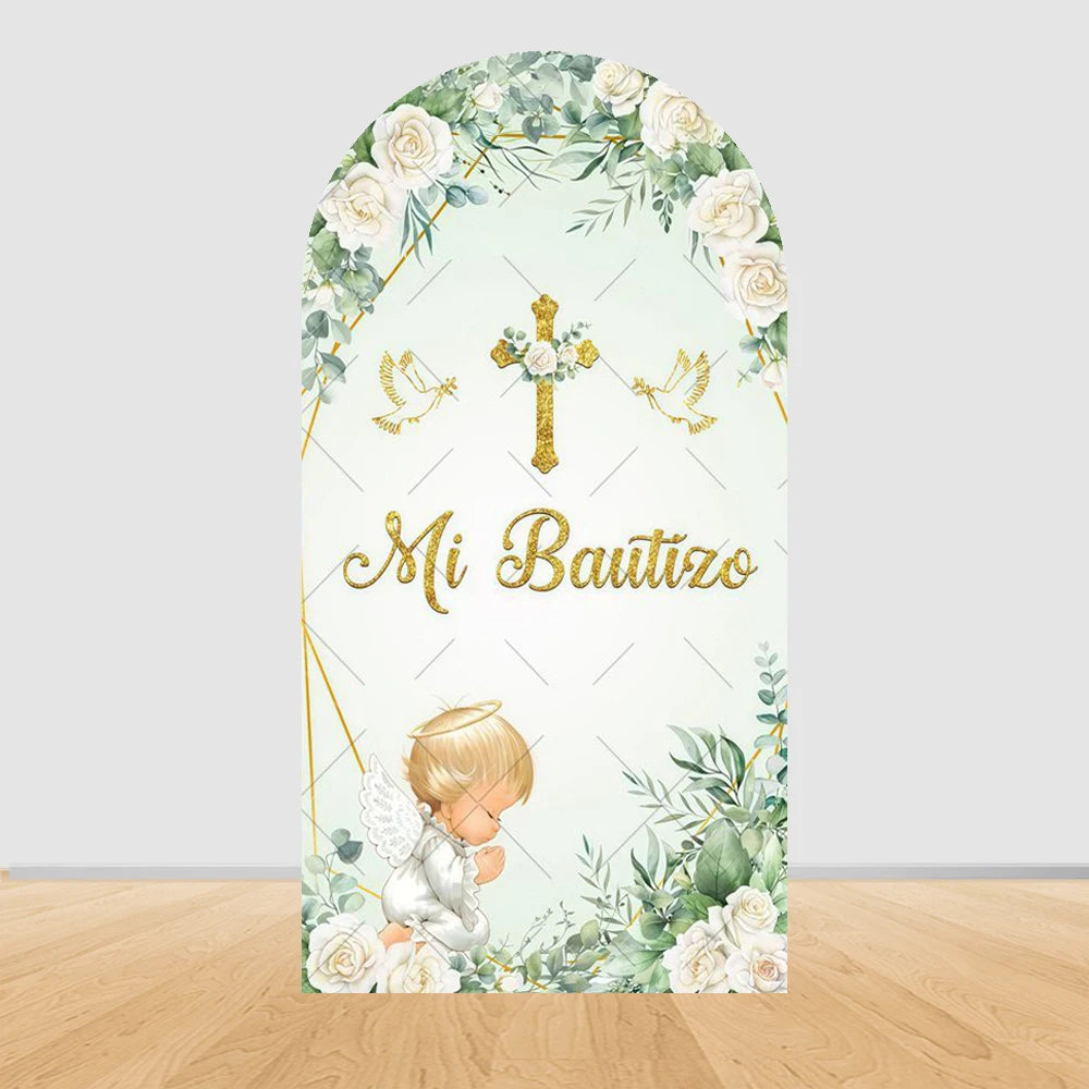 First Holy Communion Arch Backdrop Cover Boys Girls Christening God Bless Cross Green Leaves Decor Backgrounds for Photographs