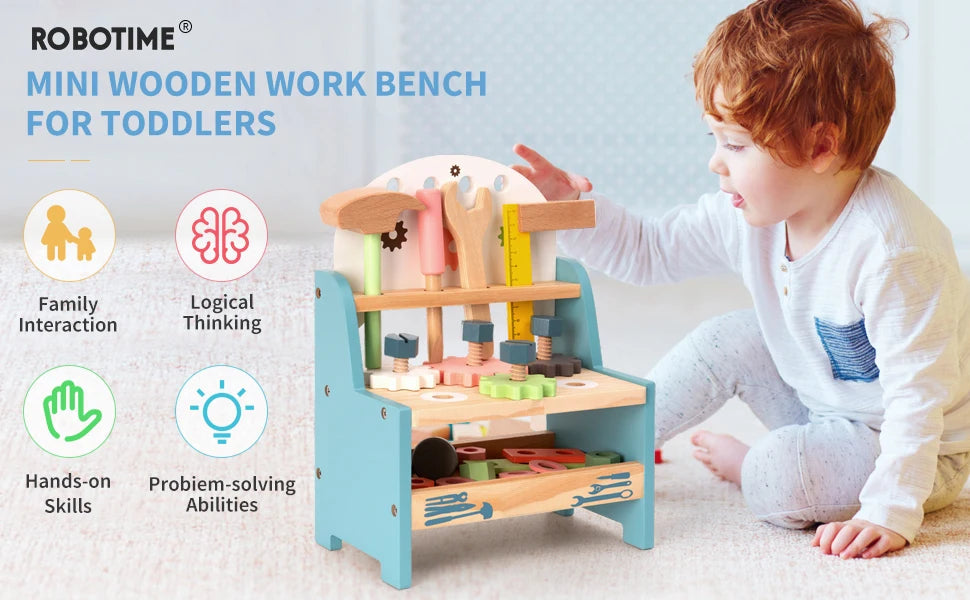 Mini wooden robotime tool bench set with toy tools for kids, including hammer, screwdriver, and wrench for pretend play and education.