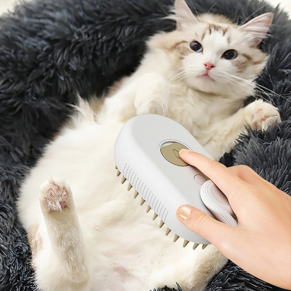 I YAN 3-in-1 electric dog and cat hair brush with steam spray, massage, and hair removal features for pet grooming.