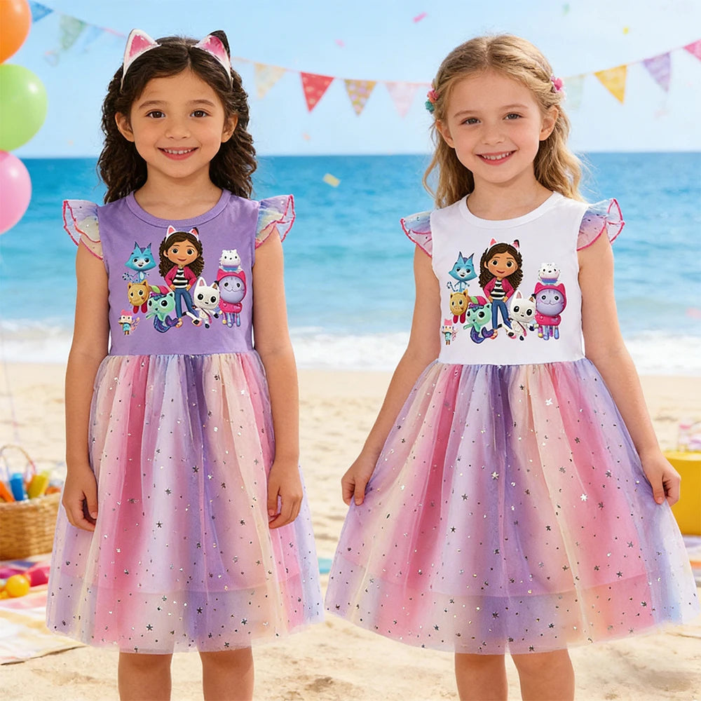 Summer Girls Daily Dresses Fly-sleeve Mesh Star Princess Dress Children's Cartoon Gaby Cosplay Costume+Headband Birthday Gift