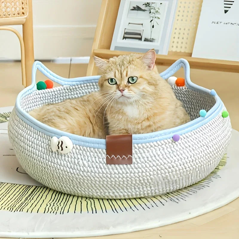 Round hand-woven rattan cat bed by I YAN, featuring cotton rope sides, perfect for summer cooling and scratching for kittens.