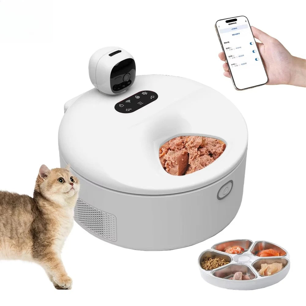 I YAN Smart 5-Meal Pet Wet Food Feeder with WiFi app control, built-in camera, and auto cooling for fresh pet meals.