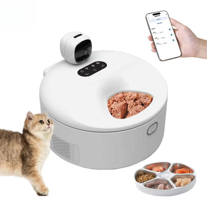 I YAN Smart 5-Meal Pet Wet Food Feeder with WiFi app control, built-in camera, and auto cooling for fresh pet meals.