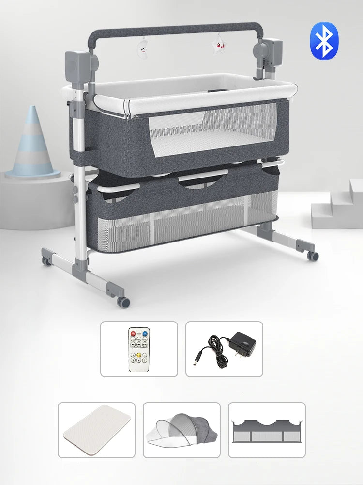 I YAN baby bassinet with automatic electric rocking, remote control, foldable travel design, suitable for newborns and co-sleeping.