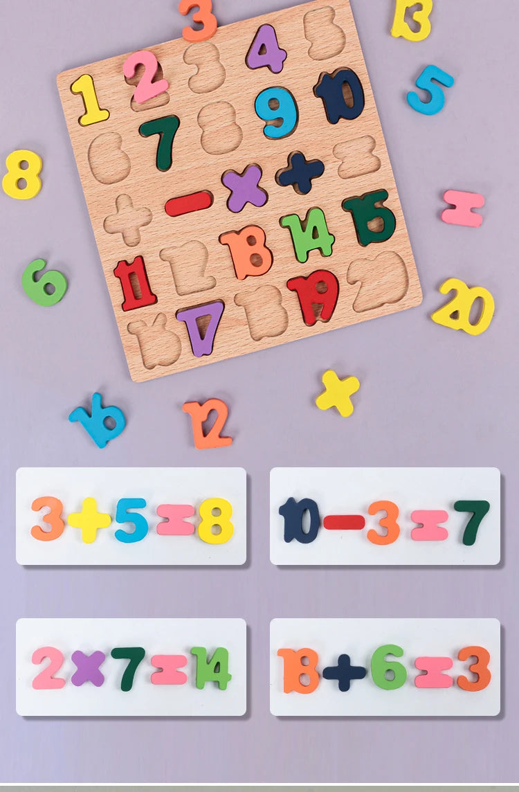 Wooden kids puzzle with alphabet, numbers, and geometric shapes for preschool learning by I YAN, educational Montessori toy for children.