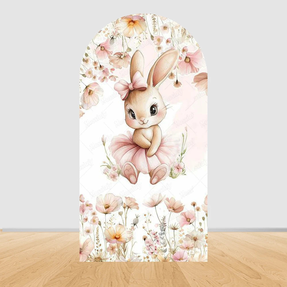 Little Rabbit Pink Flower Bow Baby Girl Birthday Party Arch Backdrop Cover Bunny Baby Shower Arched Photo Background Decor Props